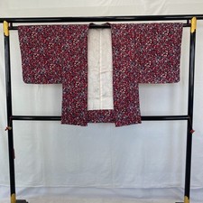 Japanese Vintage Kimono Haori Jacket Polyester Red Traditional Authentic 31in
