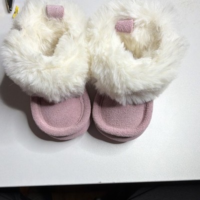 BEARPAW Pink Faux Fur Bootie Baby Shoes Suede Pull On Non-Slip Winter Casual