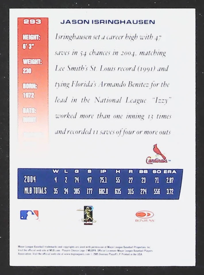 2005 Donruss Team Heroes Jason Isringhausen #293 St. Louis Cardinals - Image 2 of 2