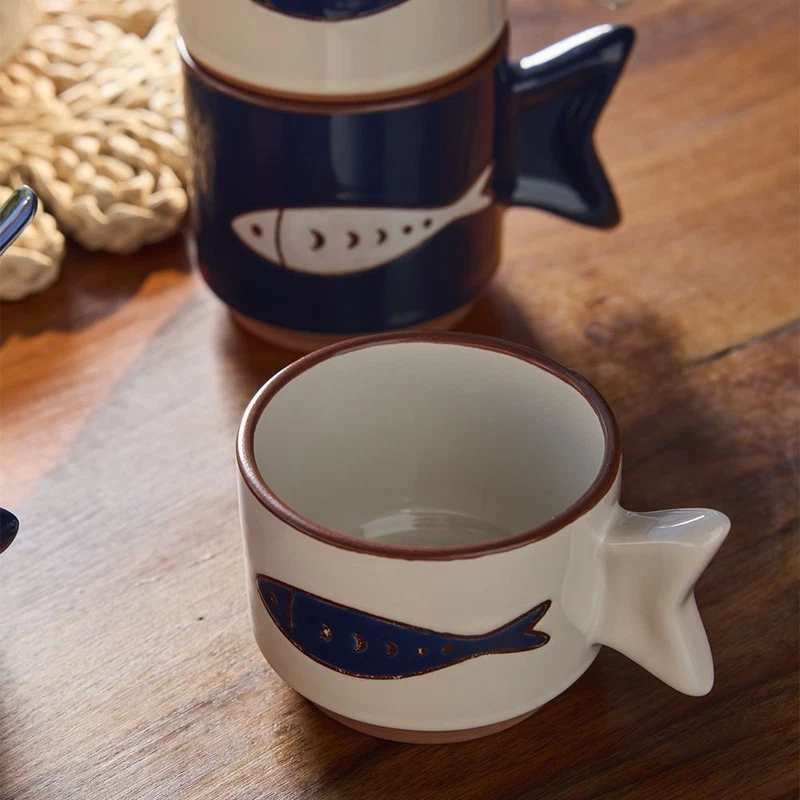 Tazza Tazzina Caffé PESCI Sardine TOGNANA Bianco Blu Mare Impilabili, fotografia 2 di 3