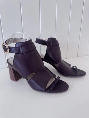 City Chic Sandal Heels Size 40 Burgundy Brown Stacked Block Heel Buckle Strap - Image 1 of 4