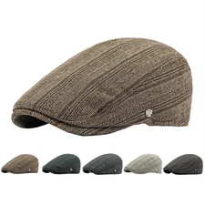 Men's Vintage Stripe Gatsby Golf Peaked Flat Cap Ivy Trucker Duckbill Driver Hat