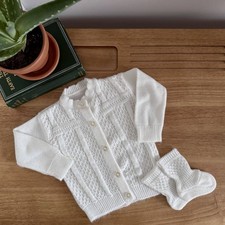 Vintage Handmade Baby Knit Cardigan Set White  Booties Heirloom Christening