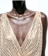 Zara Gold Sequinned Midi Dress. V Neck Wide Straps.  UK Size S New With Tags.
