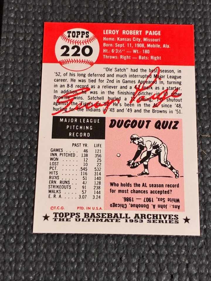 1991 Topps Archives The Ultimate 1953 Series Satchel Paige #220-NM-Centered - Image 2 of 2