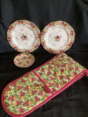 ROYAL ALBERT OLD COUNTRY ROSES CHINTZ OFENHANDSCHUH NEU UNBENUTZT + 3 Teller