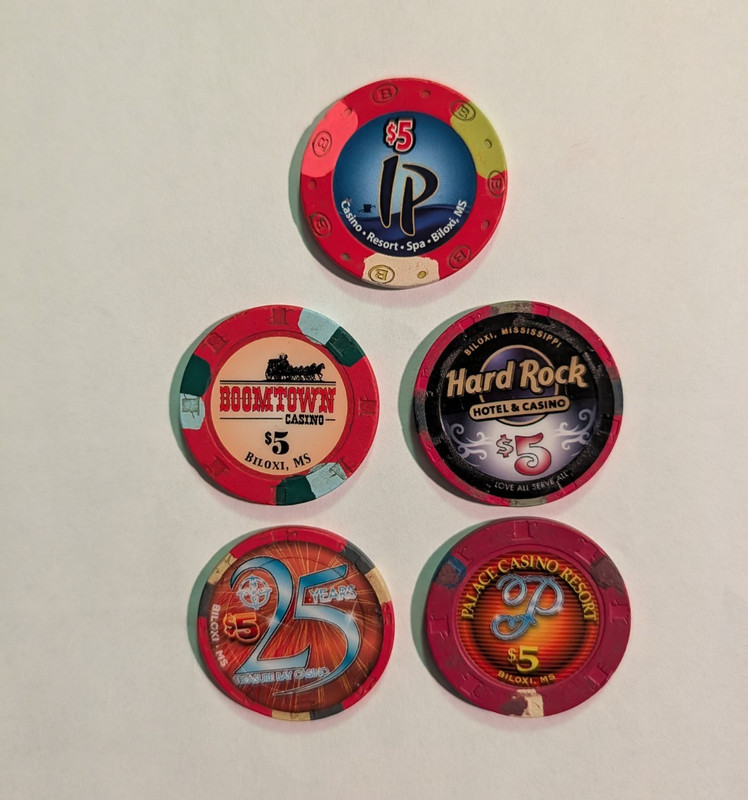 Lot of 5 $5 Casino Poker Chips - Hard Rock & Boomtown (Biloxi MS, Reno NV)