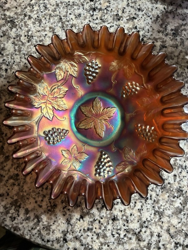 Fenton Vintage Art Carnaval Glass Ruffled Bowl Grape And Leaves Pattern