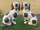 SUPERB PAIR 19thC STAFFORDSHIRE COPPER LUSTRE & WHITE SEATED SPANIEL DOGS c1880s