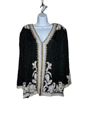 Scala Silk Beaded Jacket Sz 1X Plus Womens Black White Sequins Lined Jacket NEW