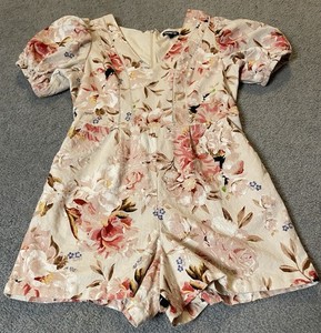 Y2K Express Linen Blend Floral Rompers Sz M Ivory Red Puff Sleeve Modern Classic