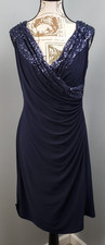 Lauren Ralph Lauren Evening Dress Womens 12 Navy Lined Sequin Ruched Wrap V Neck