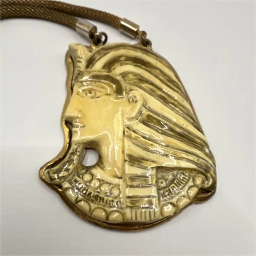 Vintage Miriam Haskell Signed Gold Tone Egyptian Mesh Statement Pendant Necklace