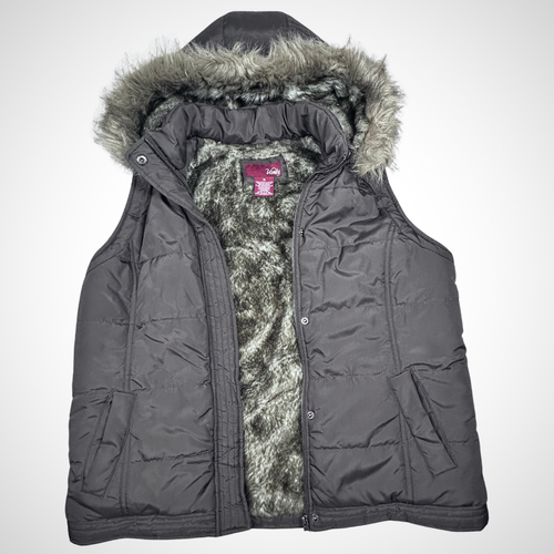 Vanity Puffer Vest Women XL Brown Faux Fur Line Hoodie Quilted Pockets **READ** - Picture 4 of 9