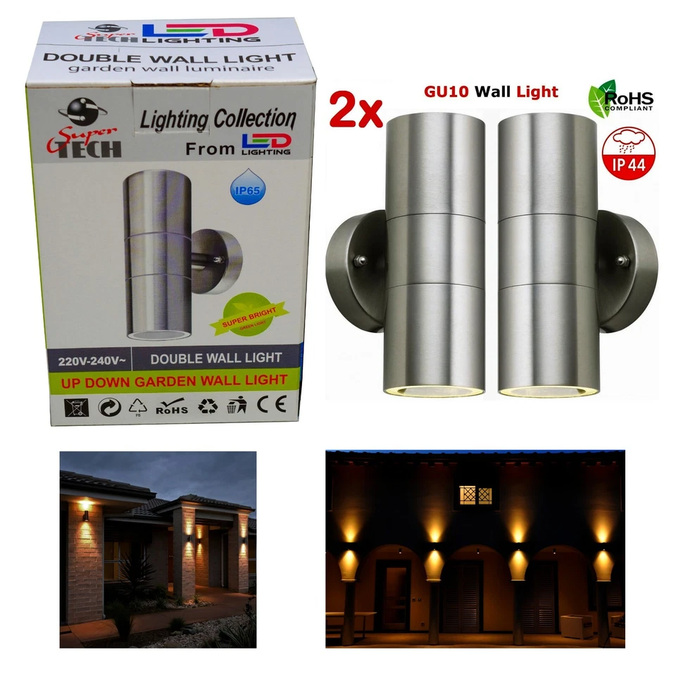 2X STAINLESS STEEL UP DOWN GU10 IP44 DOUBLE OUTDOOR LED LAMP WALL LIGHTS - Image 2 of 4