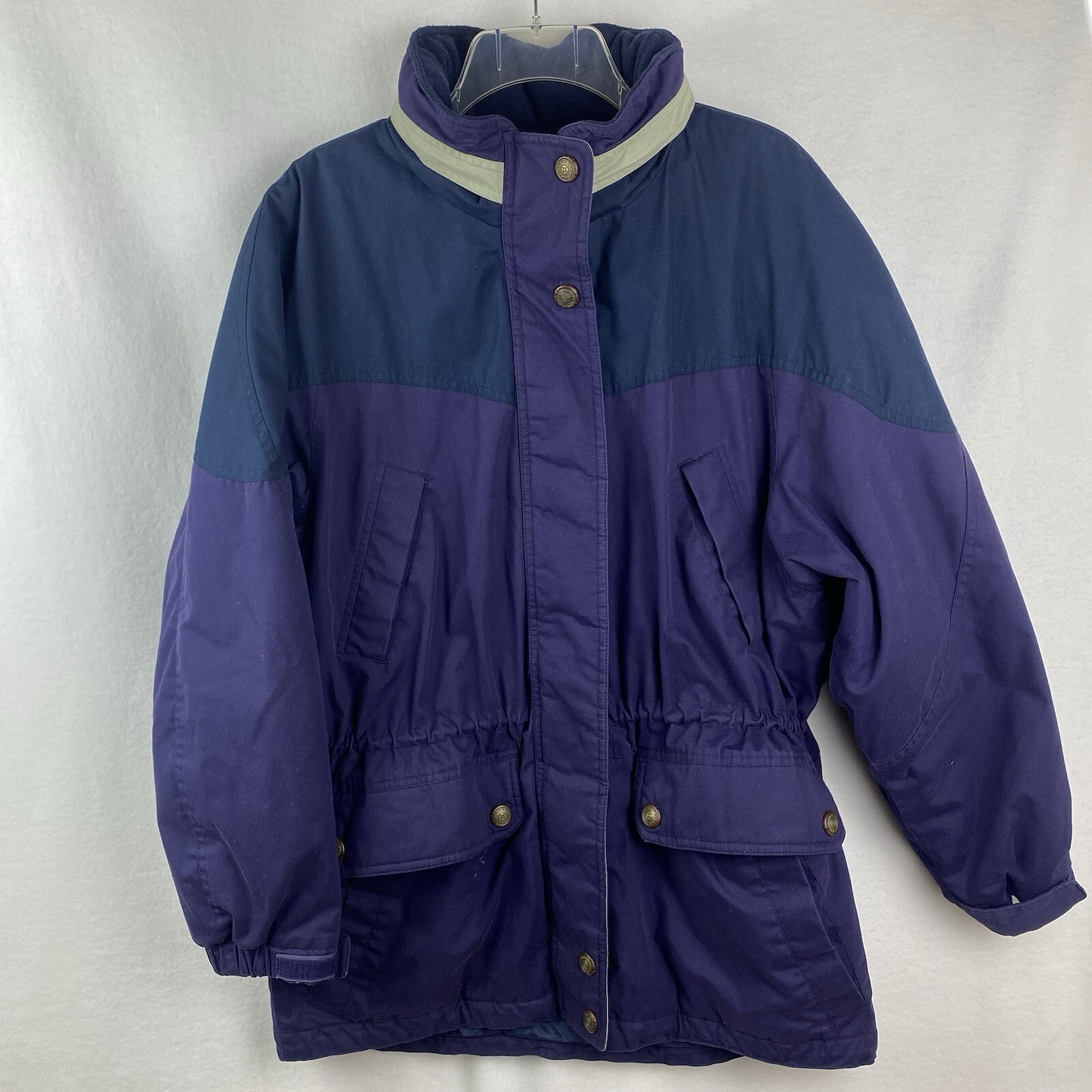 London Fog Women’s Navy Purple Jacket with Drawstring Waist and Hideaway Hood Size Large