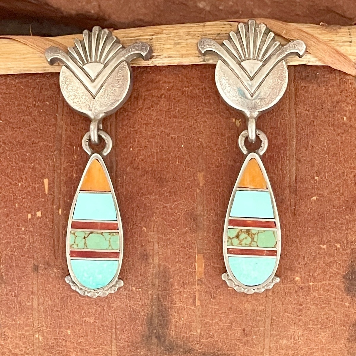 Ray Tracey, Navajo inlay earrings with turquoise, Spiny oyster and