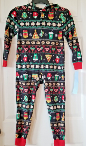 CAT & JACK Black Fleece Christmas Hooded Union Suit Pajamas Size XS (4/5) NWT