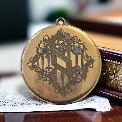 Antique RBM ATRICE Yellow Gold Tone Engraved Flowers Round Locket Rhinestones