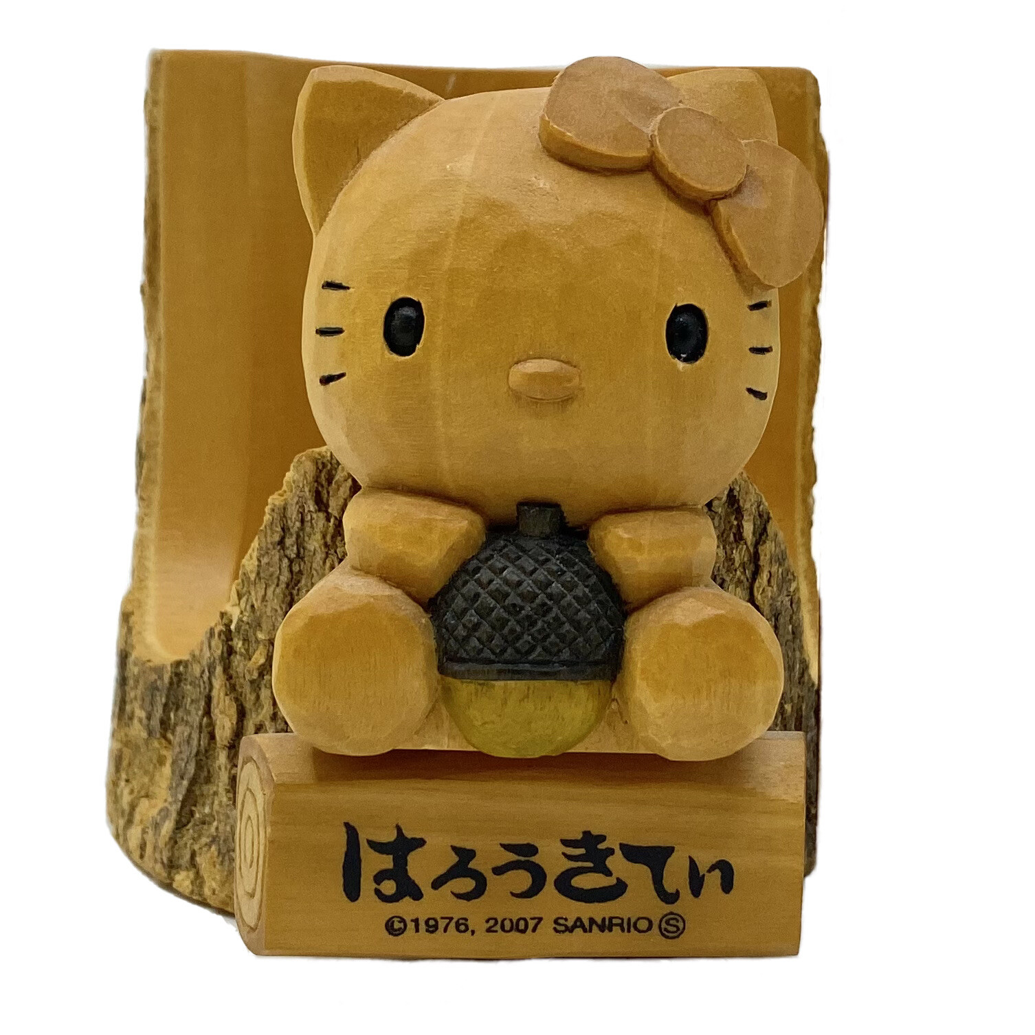 Vintage 2007 Sanrio Hello Kitty W/ Acorn Wood Carving Cup Bottle Holder