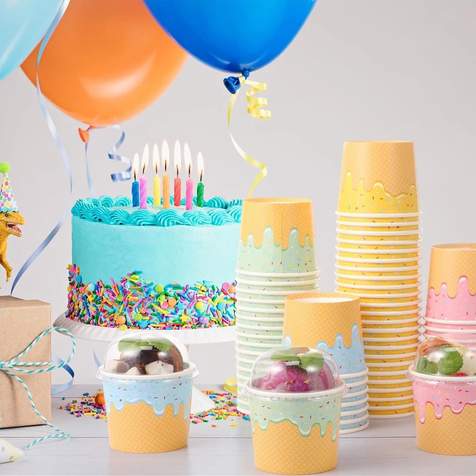 100 tazas de papel para helado de 6 oz con tapas de cúpula transparente sin orificio desechables a granel Foto 2 de 4