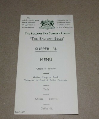 Pullman Car Company Limited The Eastern Belle Small Supper Menu Card