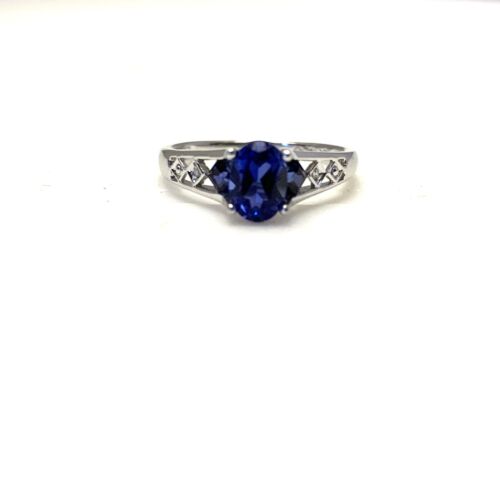 10K SOLID WHITE GOLD LAB CREATED SAPPHIRE & GENUINE DIAMOND RING SZ 6.5 - Picture 6 of 12