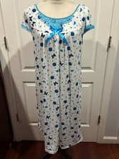 Women Shrt Slve White Nightgown LT Blue Floral  Butterflies Sz S/M 40"L x 21"W