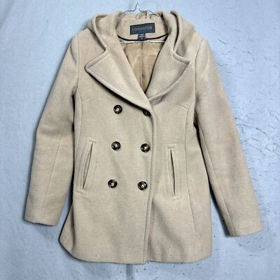 Womens Covington Beige Double Breasted Hooded Peacoat Size S