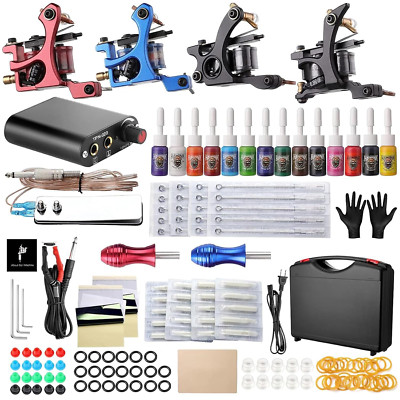 Complete Tattoo Kit 4 Standard Tattoo Machines Power Supply 14 Color Tattoo Inks