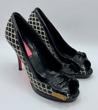 Betsey Johnson Black White Peep Toe 4" Stiletto Heels w/ Bow sz 7