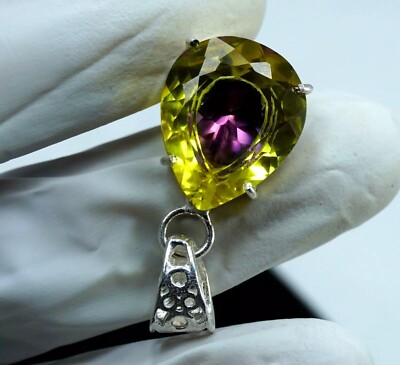 Pear Shape Natural 34.42 Ct Bi-Color Pitambari Sapphire 925 Silver Pendant Gem
