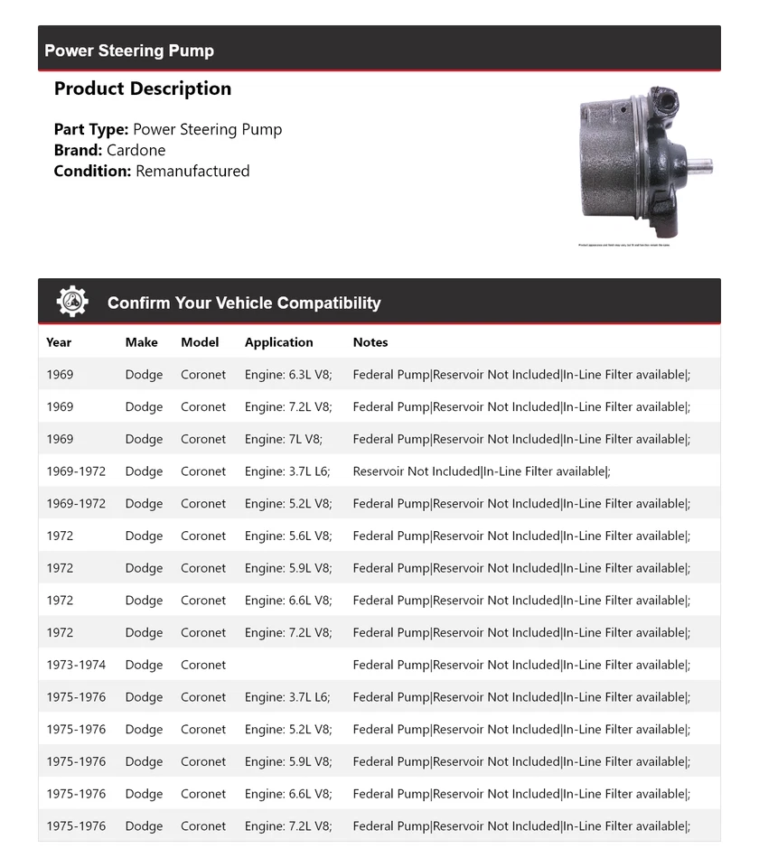 Bomba de dirección asistida Cardone 1970 1971 1972 1973 1974 para Dodge Coronet 1969-1976 Foto 2 de 4