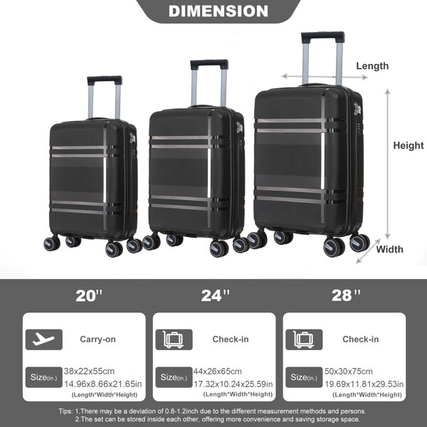 3 Piece Luggage Sets PP Lightweight Suitcase with Two Hooks, Spinner Wheels, (20