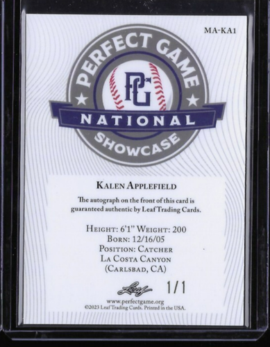 KALEN APPLEFIELD 2023 Leaf Perfect Game RC XRC Auto 1/1 - Picture 2 of 2