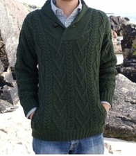 Aran Crafts Fisherman Shawl Collar Sweater Mens Sz XL Merino Wool Cable Knit