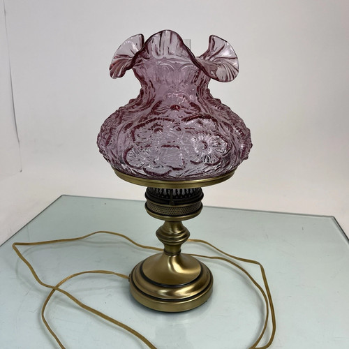 Vintage Fenton Art Glass Student Lamp Poppy Pattern Dusty Rose Color Excellent - Picture 2 of 14