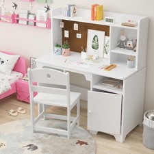 Wooden Kids Children Student Writing Desk Table Chair Set with Storage Cabinet