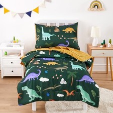 - Bedding Set for Boys, Colorful Jurassic Dinosaur Volcano, Toddler Dark Green