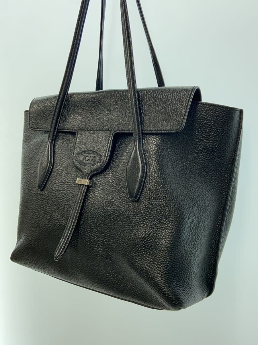 TOD'S Tote Bag New Joy Leather Black with square thread Used