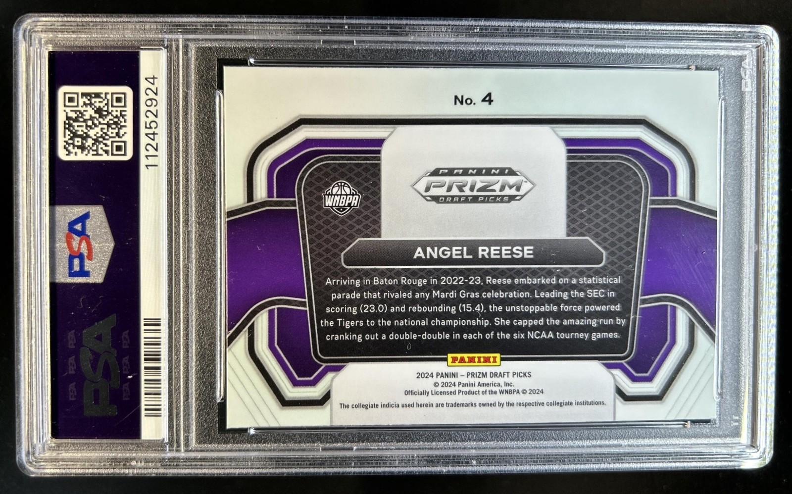 2024 Panini Prizm Draft Picks Collegiate Angel Reese Campus Legends RC #4 PSA 10 view 2