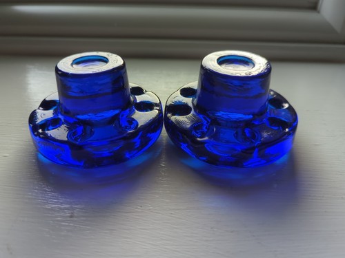 Vintage Cobalt Blue Glass Candle Stick Holders Round Hand Blown 2pc Rare Sweden? - Picture 6 of 22