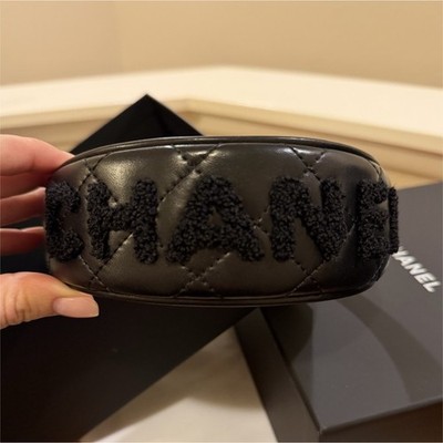 CHANEL Women s Black Leather Quilted Padded Logo Headband Hair Accessory