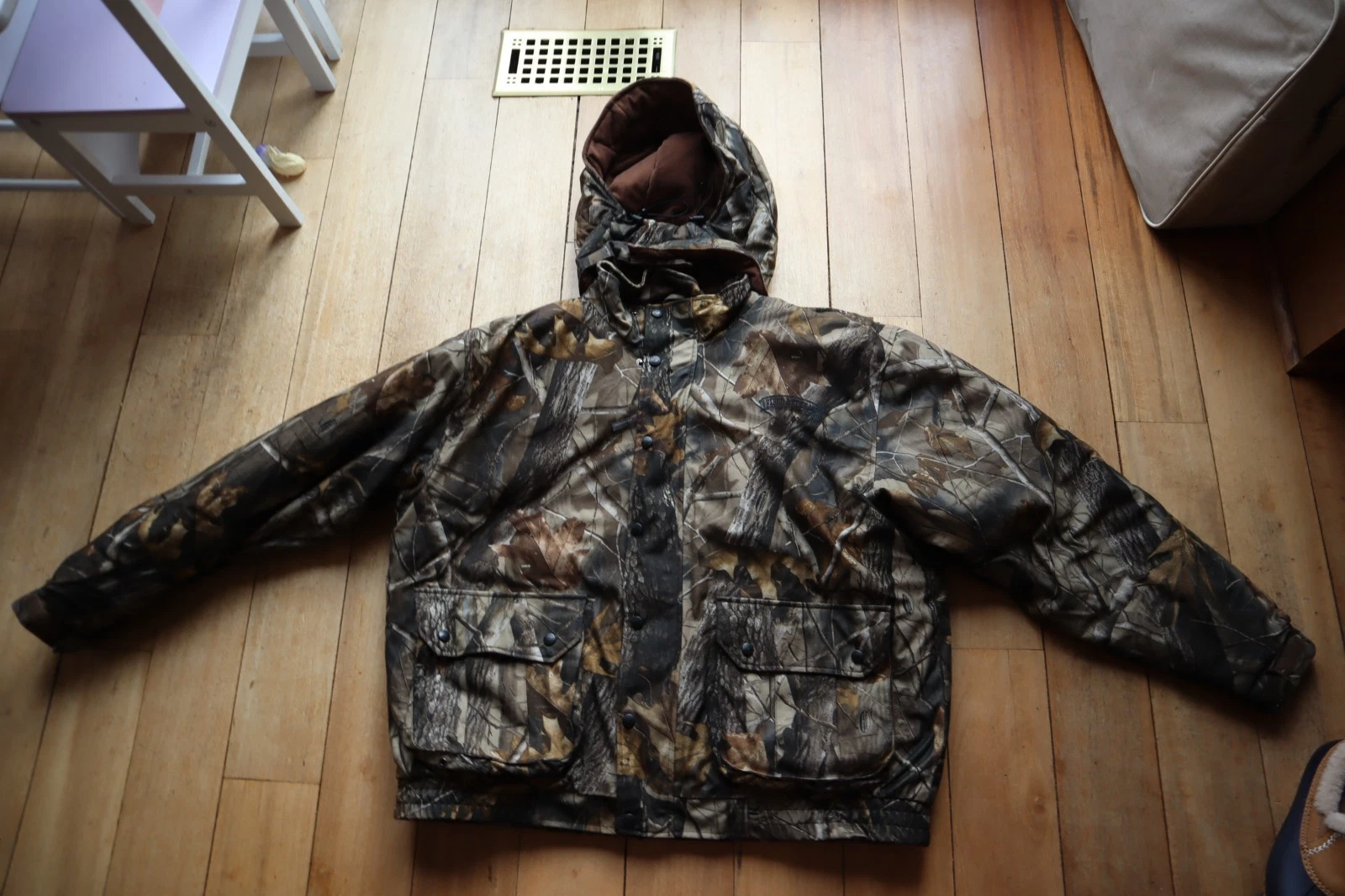 Green & Brown Camouflage FIELD & STREAM Insulated Zip & Snap Hooded Jacket XL