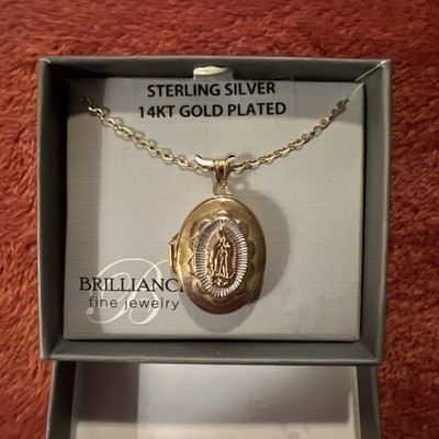 Brillanter feiner Schmuck Sterlingsilber 14K GP Jungfrau Maria Medaillon Halskette Neu im Karton