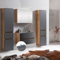 BadmöBel Set Badezimmer Wotaneiche Waschtisch Glasbecken Spiegel Seitenschrank