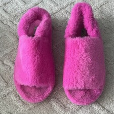 Women  s Hot Pink Fuzzy Slippers - Open Toe Heel Strap Slippers, Size 9