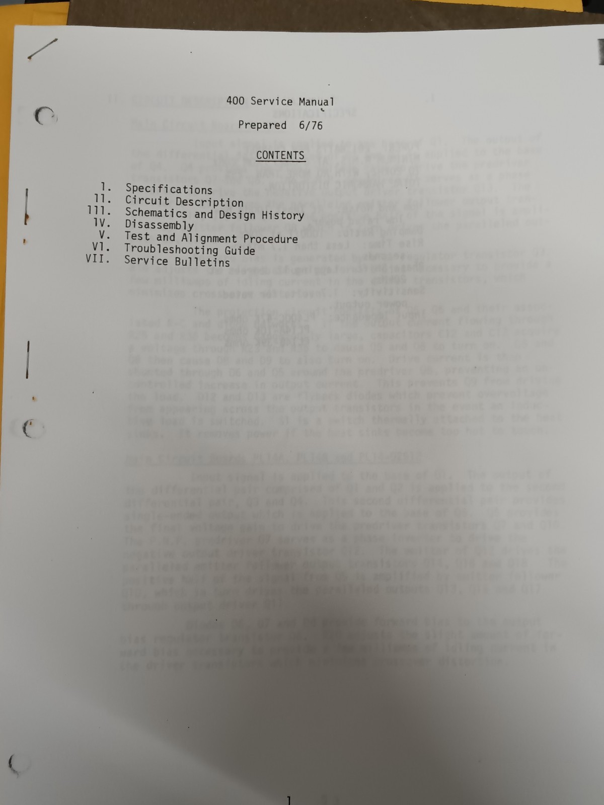 PHASE LINEAR 400 Power Amp Service Manual Original