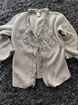 Designer Strickjäckchen, Ashley Brooke, Gr 38, Beige, Blütenapplikationen
