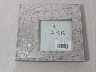 Vint. Carr 3X3 Silver Metal Frame With Etched Old World Map Compass Travel Theme